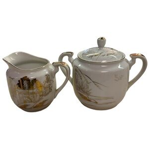Kutani Japanese Hand-painted Porcelain White Gold Creamer and Sugar Pot